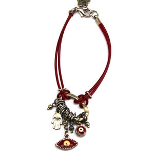 Be Happy Silver Tone Evil Eye and Hamsa Hand Beaded Bracelet Red Band 6.5"